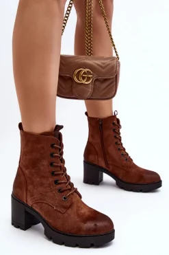 Damskie Botki Sznurowane Na Obcasie Brązowe Lunielle