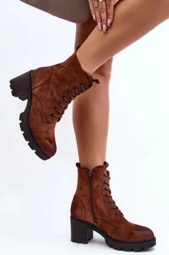 Damskie Botki Sznurowane Na Obcasie Brązowe Lunielle