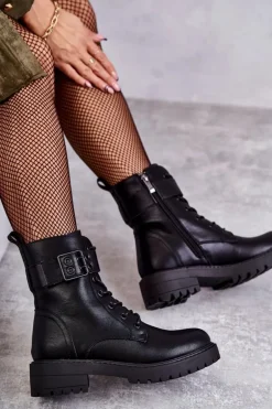 Damskie Botki Sznurowane Na Płaskim Obcasie Czarne Firmina