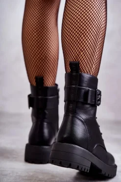 Damskie Botki Sznurowane Na Płaskim Obcasie Czarne Firmina