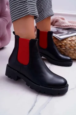 Damskie Botki Sztyblety Czerwone Gumki Czarne Superpower