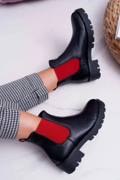 Damskie Botki Sztyblety Czerwone Gumki Czarne Superpower