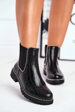 Damskie Botki Sztyblety Ciepłe Czarne Elvina