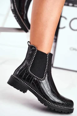 Damskie Botki Sztyblety Ciepłe Czarne Elvina