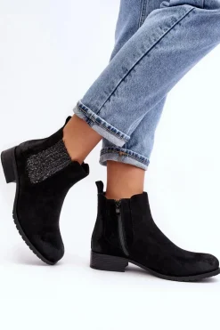 Damskie Botki Sztyblety Na płaskim Obcasie Czarne Sauamia
