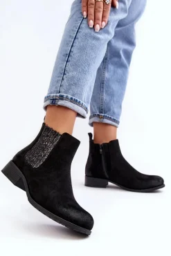Damskie Botki Sztyblety Na płaskim Obcasie Czarne Sauamia