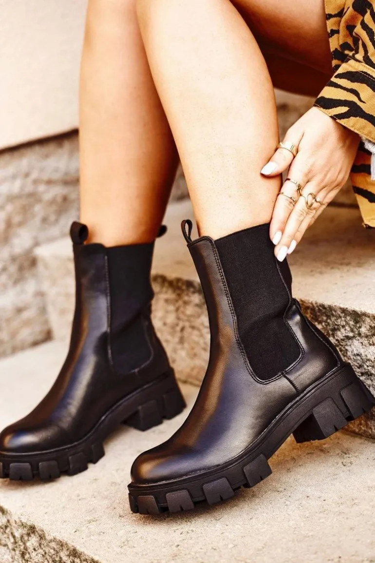 Damskie Botki Sztyblety Na Platformie Czarne Genius