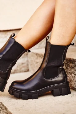 Damskie Botki Sztyblety Na Platformie Czarne Genius