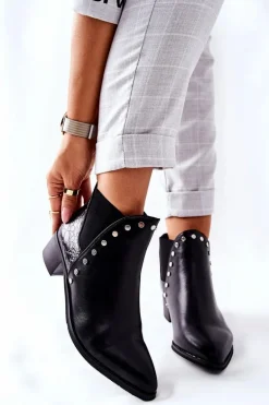 Damskie Botki Sztyblety Na Obcasie Czarne Barretos