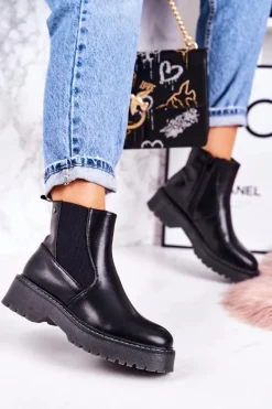 Damskie Botki Sztyblety Na Gumowej Podeszwie Czarne Voyager