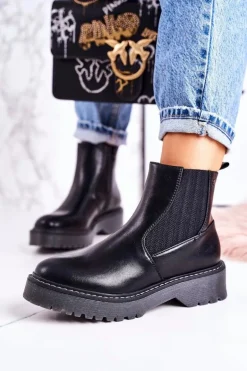 Damskie Botki Sztyblety Na Gumowej Podeszwie Czarne Voyager