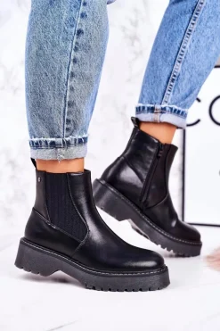 Damskie Botki Sztyblety Na Gumowej Podeszwie Czarne Voyager