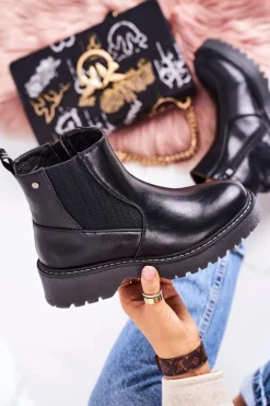 Damskie Botki Sztyblety Na Gumowej Podeszwie Czarne Voyager