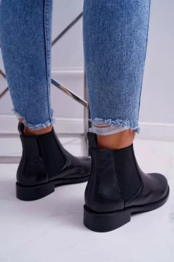 Damskie Botki Sztyblety Płaski Obcas Skórzane Czarne Barski W1901