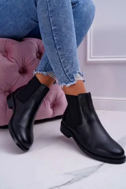 Damskie Botki Sztyblety Płaski Obcas Skórzane Czarne Barski W1901