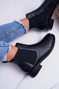 Damskie Botki Sztyblety Płaski Obcas Skórzane Czarne Barski W1901