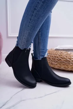 Damskie Botki Sztyblety Płaski Obcas Czarne Barski 18-75