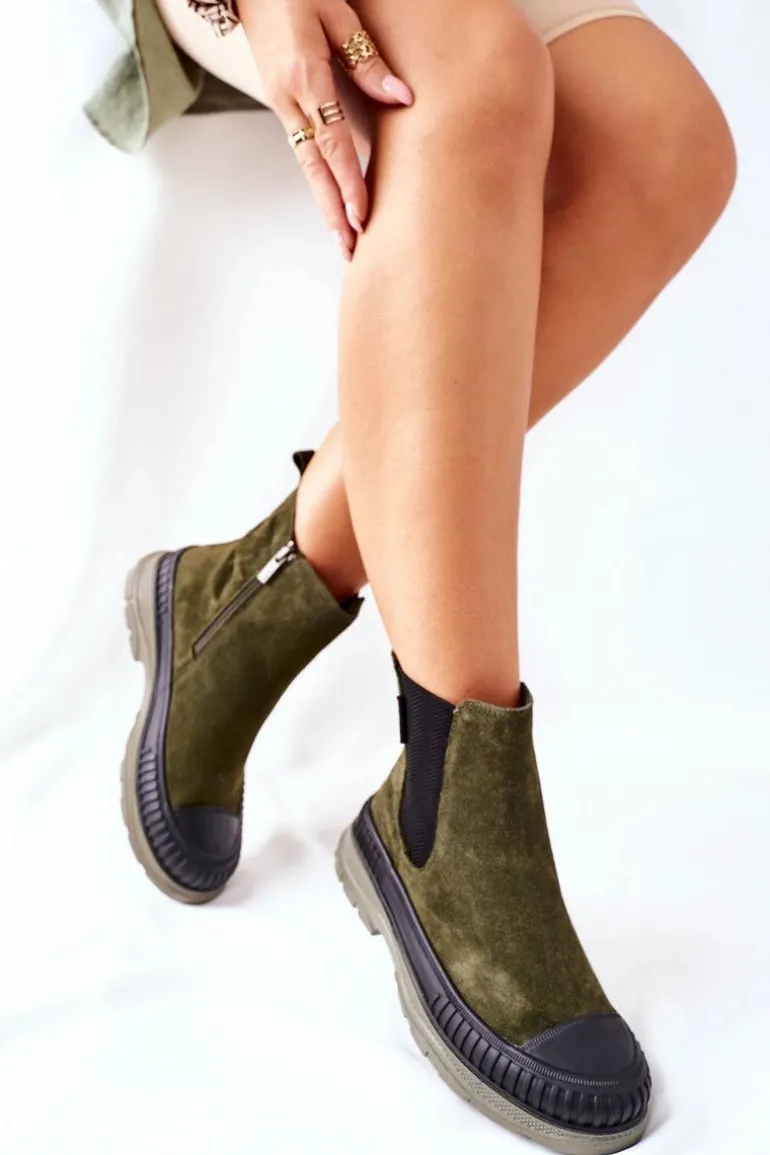 Damskie Botki Sztyblety Skóra Zamsz Big Star II274355 Khaki