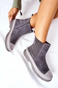 Damskie Botki Sztyblety Skóra Zamsz Big Star II274353 Szare