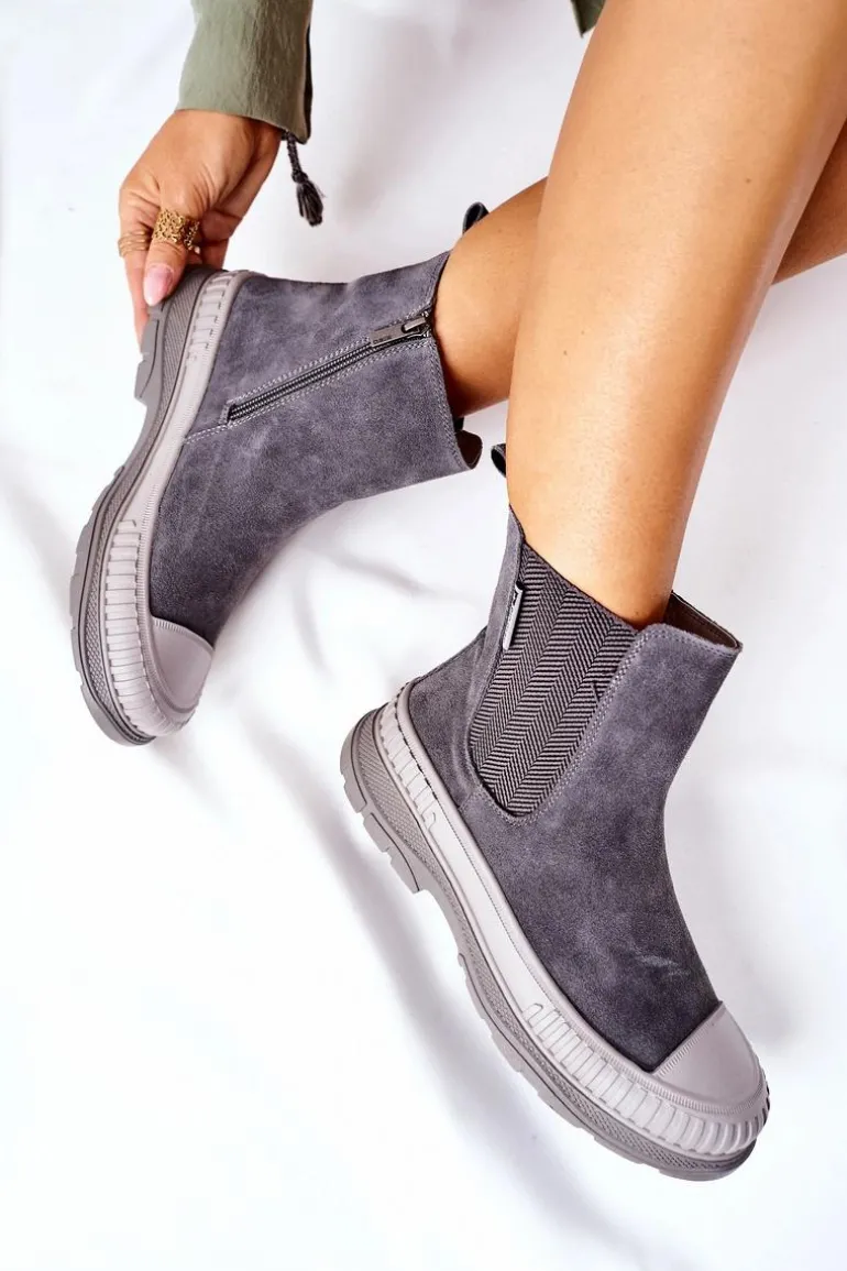 Damskie Botki Sztyblety Skóra Zamsz Big Star II274353 Szare