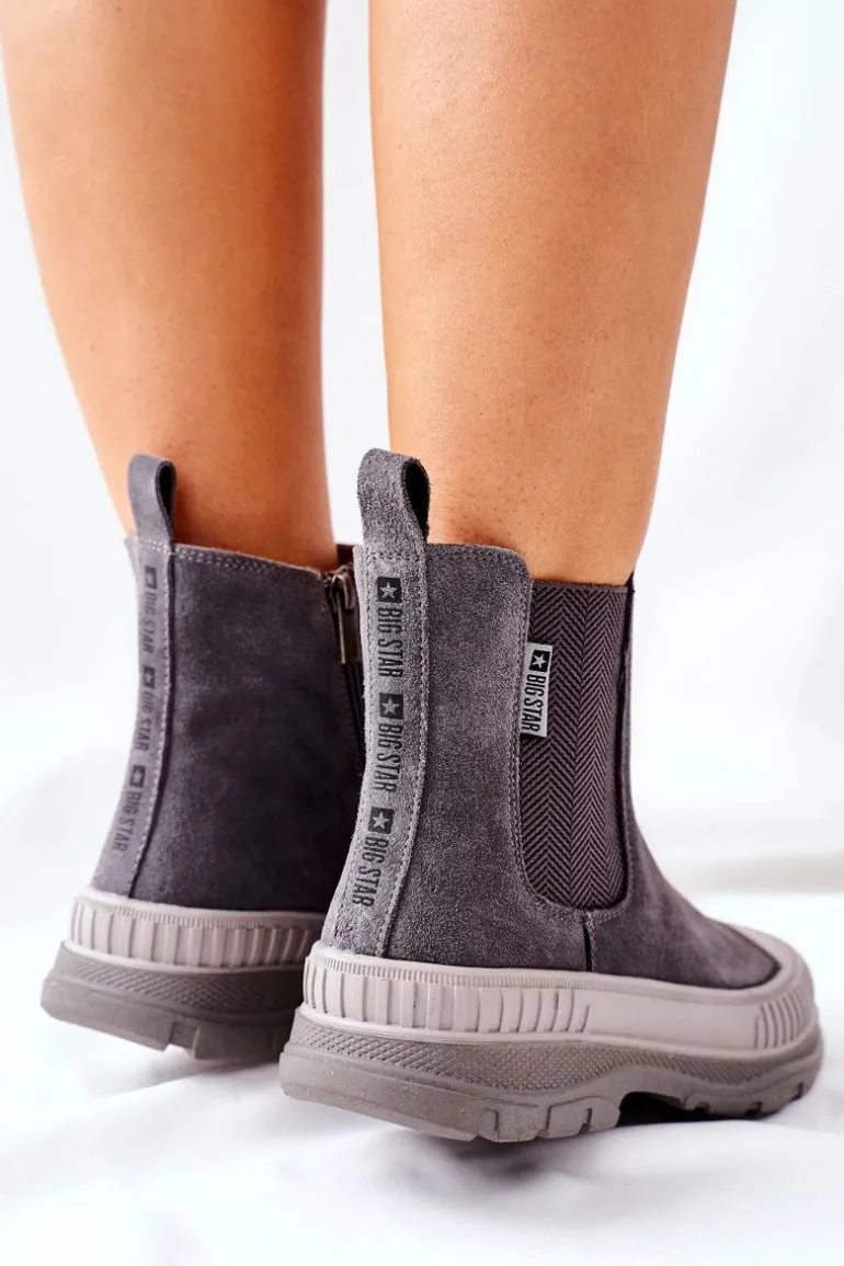 Damskie Botki Sztyblety Skóra Zamsz Big Star II274353 Szare