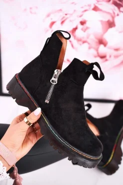 Damskie Botki Sztyblety Z Kolorowym Przeszyciem Zamszowe Czarne Addison