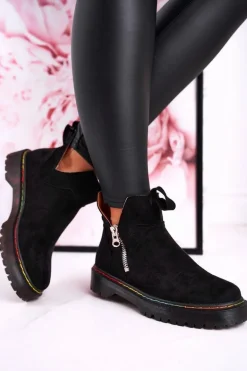Damskie Botki Sztyblety Z Kolorowym Przeszyciem Zamszowe Czarne Addison