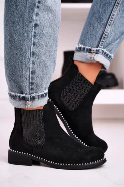 Damskie Botki Sztyblety Z Dżetami Zamszowe Czarne Meagan