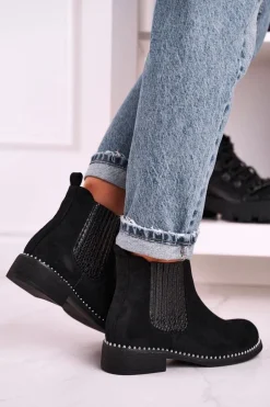 Damskie Botki Sztyblety Z Dżetami Zamszowe Czarne Meagan