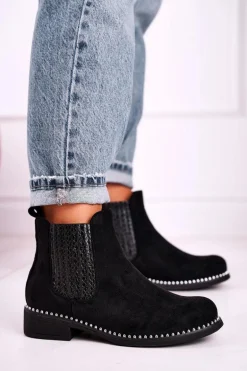 Damskie Botki Sztyblety Z Dżetami Zamszowe Czarne Meagan