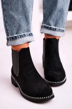 Damskie Botki Sztyblety Z Dżetami Zamszowe Czarne Meagan