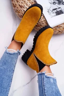 Damskie Botki Sztyblety Z Cyrkoniami Żółte Sissy