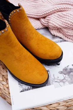 Damskie Botki Sztyblety Z Cyrkoniami Żółte Sissy