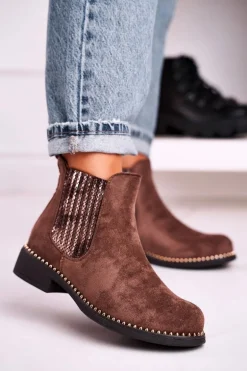 Damskie Botki Sztyblety Z Dżetami Zamszowe Brązowe Meagan
