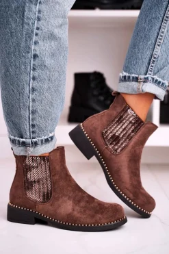 Damskie Botki Sztyblety Z Dżetami Zamszowe Brązowe Meagan
