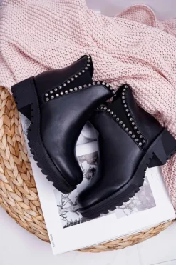 Damskie Botki Sztyblety Z Cyrkoniami Czarne Sissy