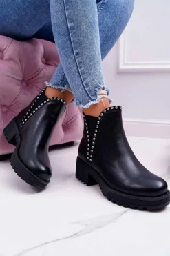 Damskie Botki Sztyblety Z Cyrkoniami Czarne Sissy