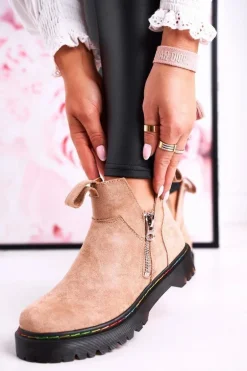 Damskie Botki Sztyblety Z Kolorowym Przeszyciem Zamszowe Beżowe Addison