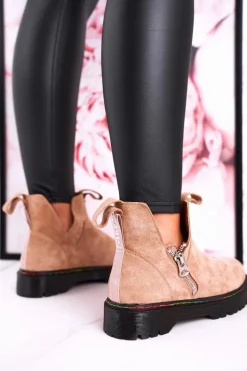 Damskie Botki Sztyblety Z Kolorowym Przeszyciem Zamszowe Beżowe Addison