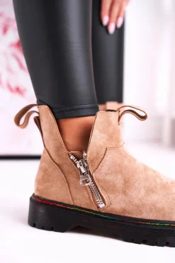 Damskie Botki Sztyblety Z Kolorowym Przeszyciem Zamszowe Beżowe Addison