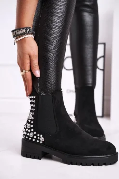 Damskie Botki Sztyblety Z Dżetami Czarne Lady In Black