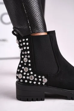 Damskie Botki Sztyblety Z Dżetami Czarne Lady In Black