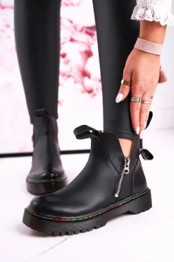 Damskie Botki Sztyblety Z Kolorowym Przeszyciem Czarne Addison