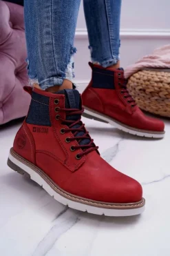 Damskie Botki Trapery Big Star Skórzane Bordowe EE274006