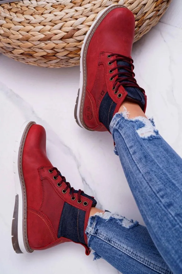 Damskie Botki Trapery Big Star Skórzane Bordowe EE274006