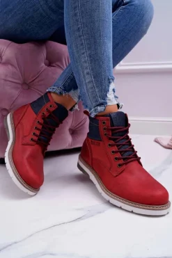 Damskie Botki Trapery Big Star Skórzane Bordowe EE274006