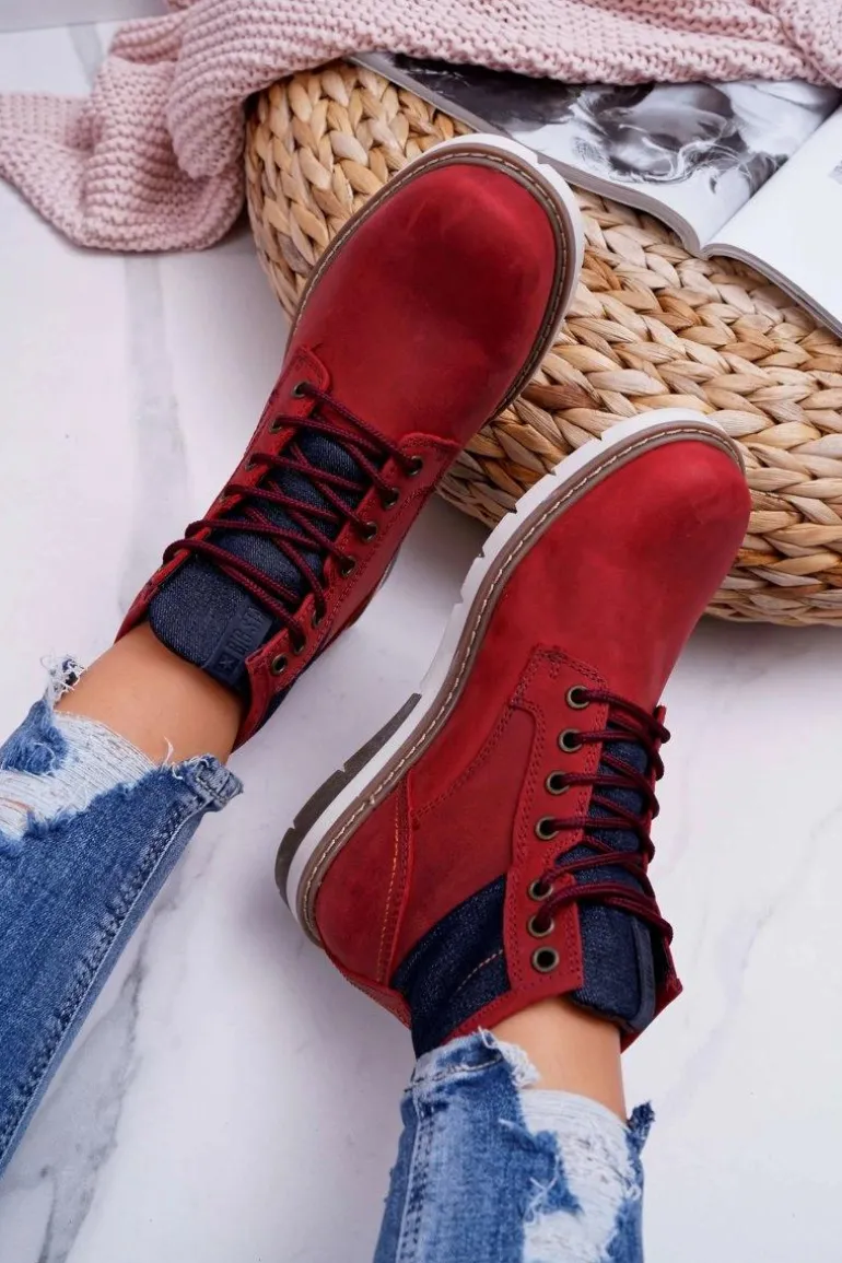 Damskie Botki Trapery Big Star Skórzane Bordowe EE274006