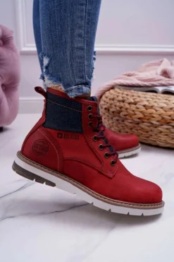 Damskie Botki Trapery Big Star Skórzane Bordowe EE274006