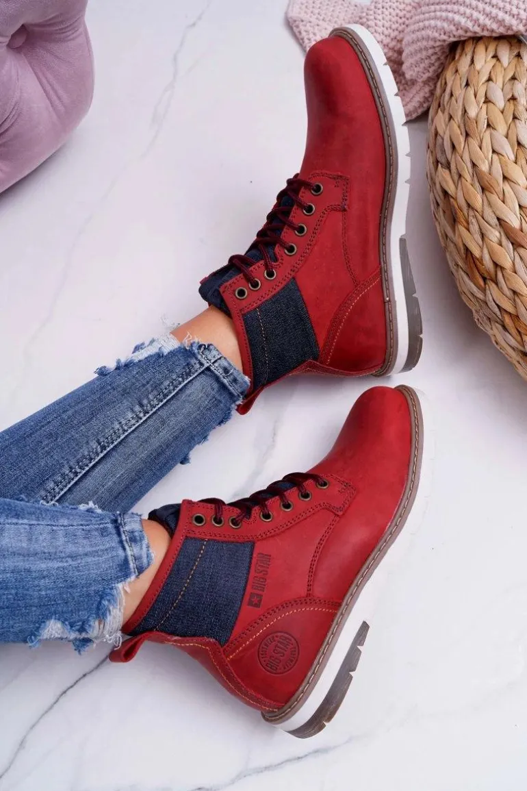 Damskie Botki Trapery Big Star Skórzane Bordowe EE274006