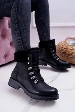Damskie Botki Trapery Futerko Czarne Ergost